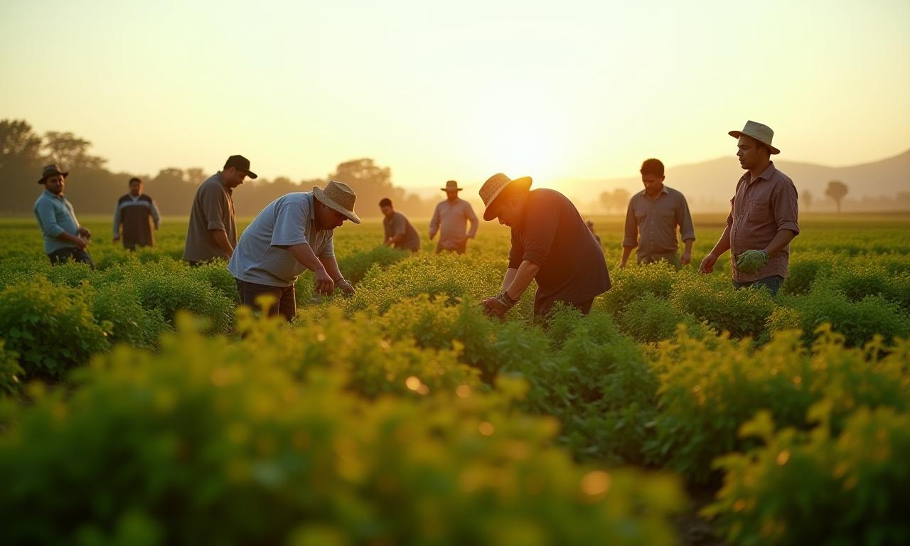 ハーブ畑で収穫作業を行う人々