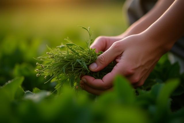 農場で丁寧にハーブを摘む手